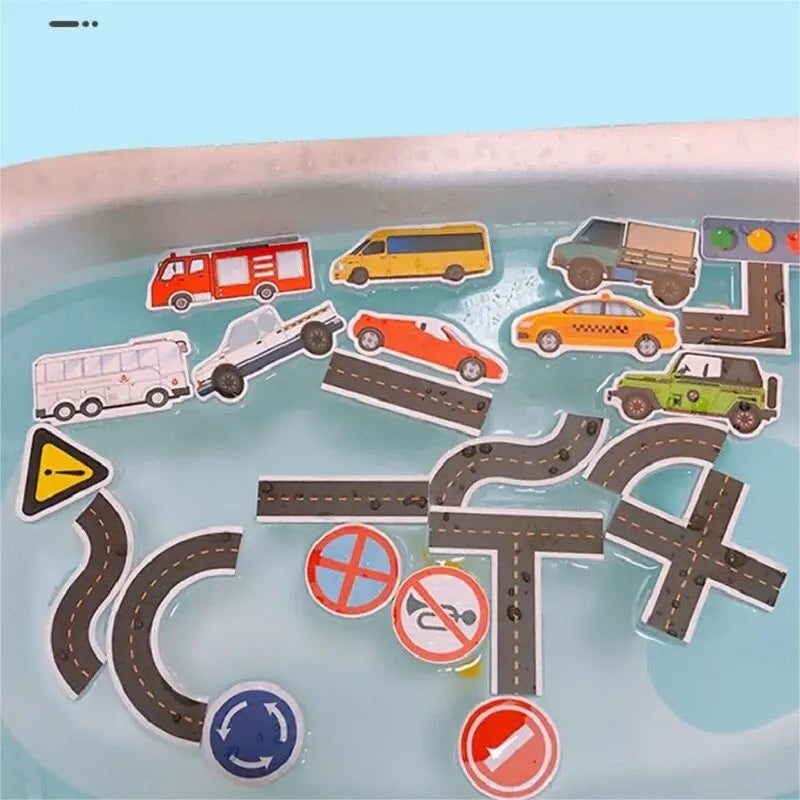 EZ 23 Pieces Bath Water Toy Sticky Wall City Traffic Car Road Rail Puzzle Vinyl 0-3Y 3-6Y 6-12Y 12+y 14+Y Bath Features