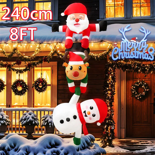 EZ 8FT Inflatable Christmas Climbing Santa Claus with Reindeer & Snowman, Built-in LED for Outdoor Beam Roof Tree Party Yard Decor