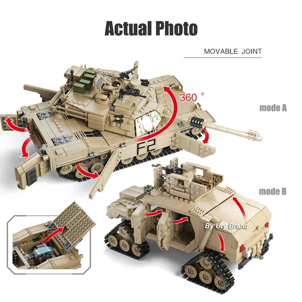 EZ 2in1 WW2 Military M1A2 Abrams MBT Tank Model Army Cannon Chariot Set Soldier Figures DIY Building Blocks Toys for Boys Kids Gift