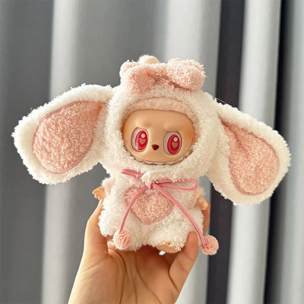 EZ For 17cm/10.5cm Labubu 4.0/3.0 Accessories Doll Clothes Heartbeat Long Eared Furry Rabbit Costume Cartoon Dress Up Labubu Outfit