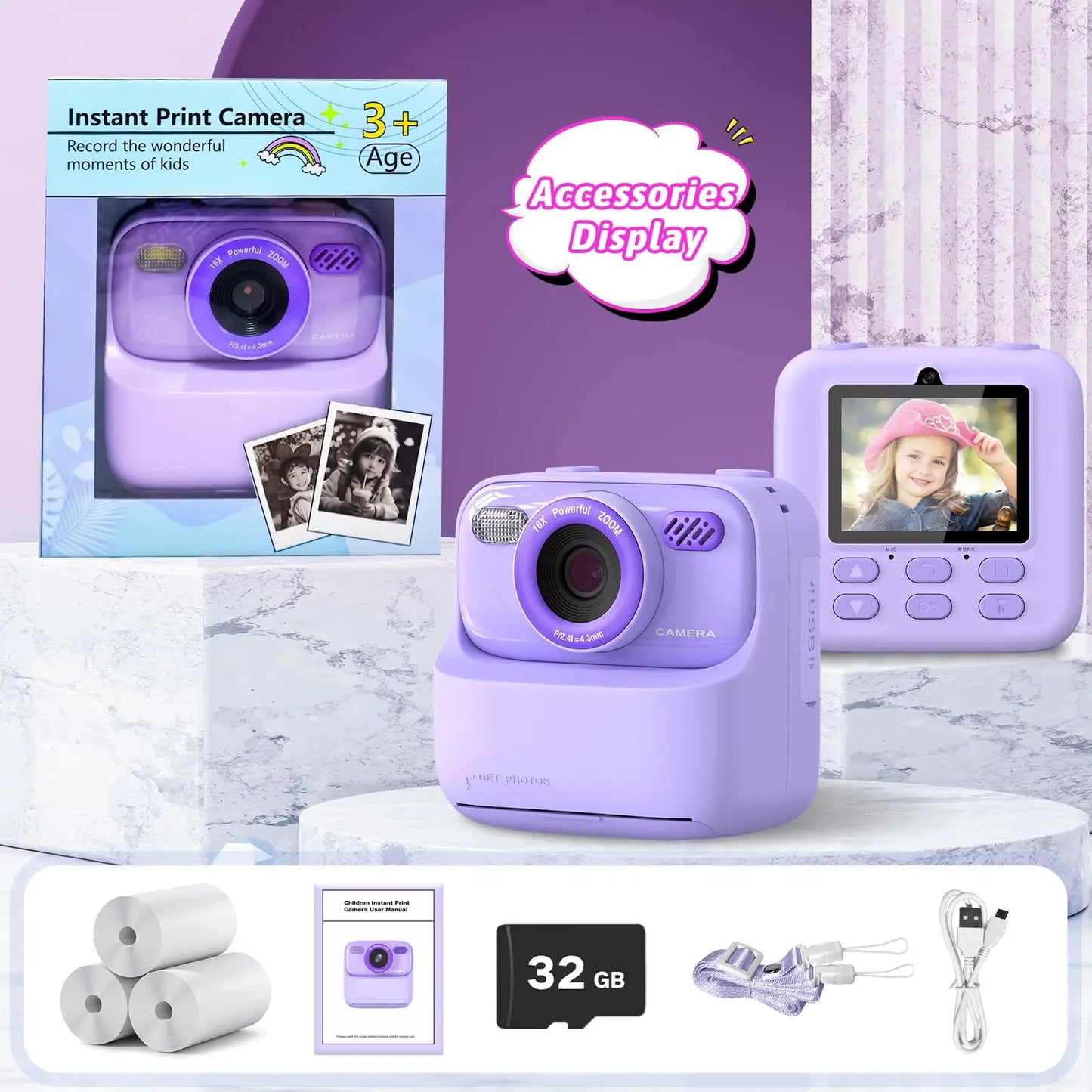 EZ Kids Digital Camera 1080P Vedio Thermal Instant Print Camera With 32G For Girls Boys Age 3-12 Best Christmas Birthday Gifts