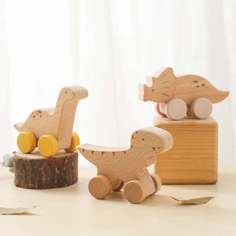 EZ Wooden Baby Car Toys Beech Wooden Dinosaur Cartoon Car Teether Educational Montessori Toys For Children Teething Baby Toys