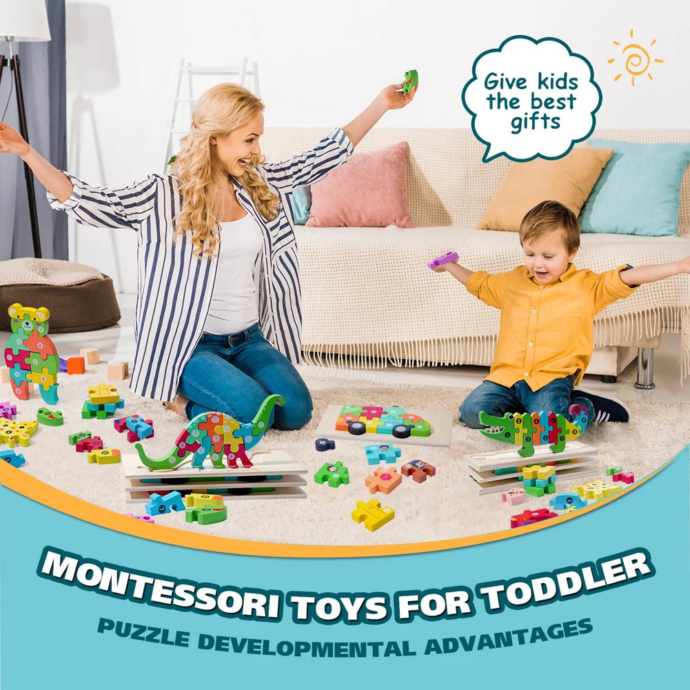 EZ High Quality 3D Wooden Puzzles Educational Cartoon Animals Early Learning Cognition Intelligence Puzzle Game For Children Toys