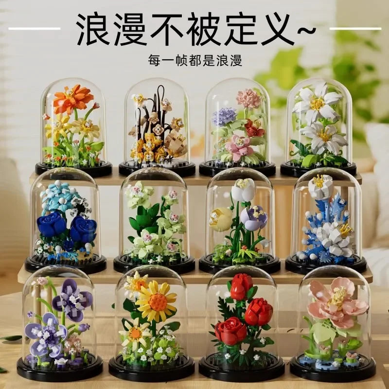 EZ Flower Bouquet Bonsai Building Blocks Artificial Plastic Plant Dust Cover Micro Model Home Decoration Toy For Kid Birthday Gift