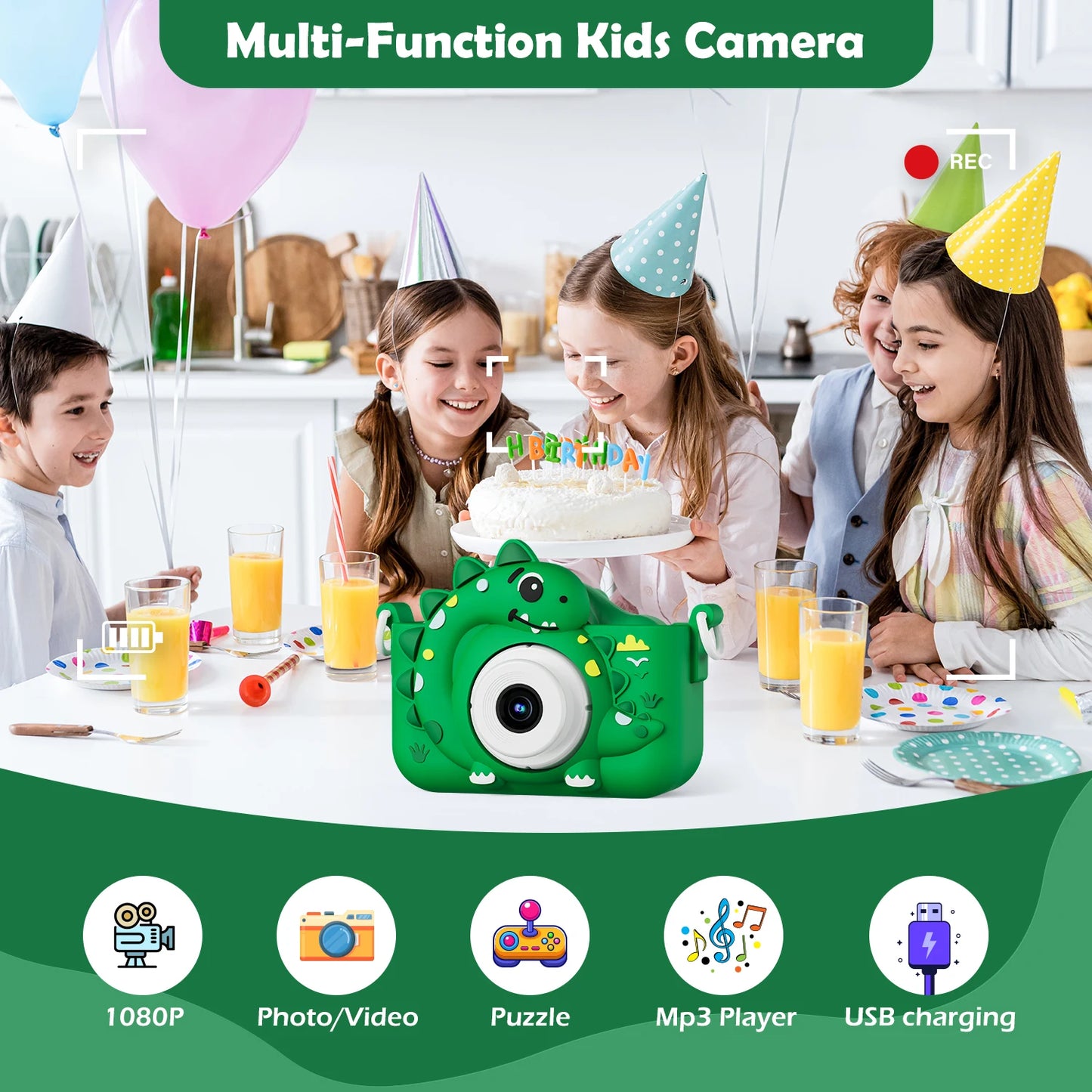 EZ Kids Digital Camera with 32G Card Toy Girl Boy 1080p Hd Screen Outdoor Cartoon Dinosaur Camera Photography Video Birthday Gifts