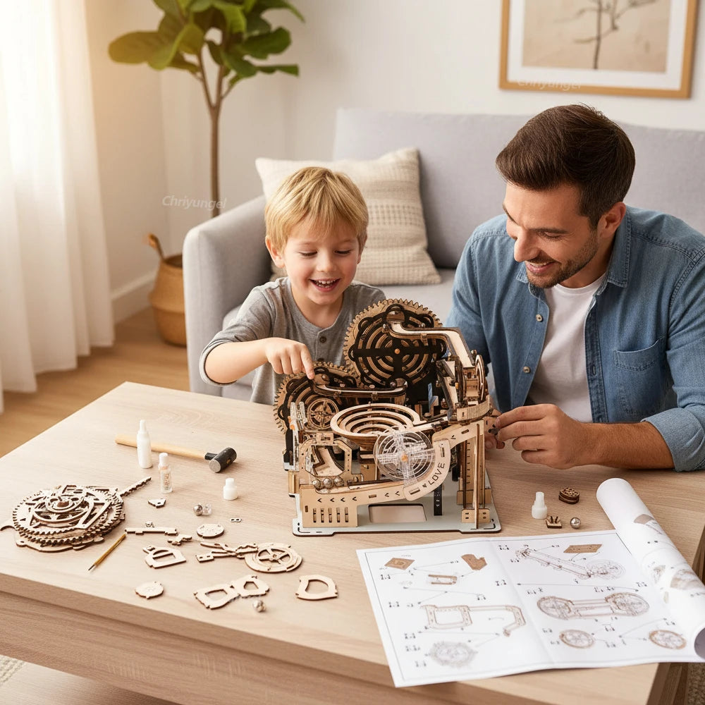 EZ 3D Wooden Puzzle Building Model Kit Electric Motorized Marble Run STEM Educational Construction Toys for Kids Adults Gifts