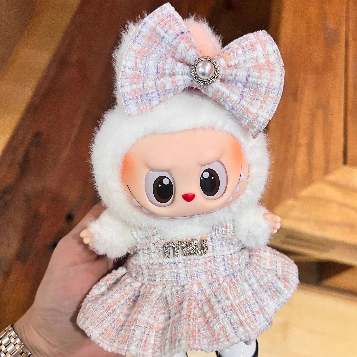 EZ 17cm Mickey Mini Costume Suitable Toy V3 for Labubu Clothes Korean Kpop Idol Pink Bright Silk Bow Princess Dress Birthday Gift