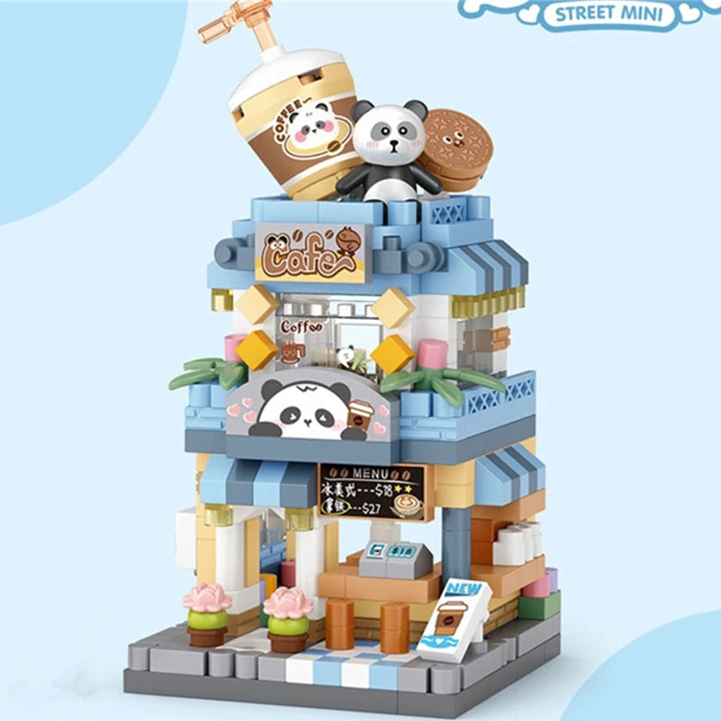 EZ NEW Panda Pet Coffee Ice Cream Flower Shop Store Street View Food House Building Blocks Kit Girls Bricks Model Kids Toy Children