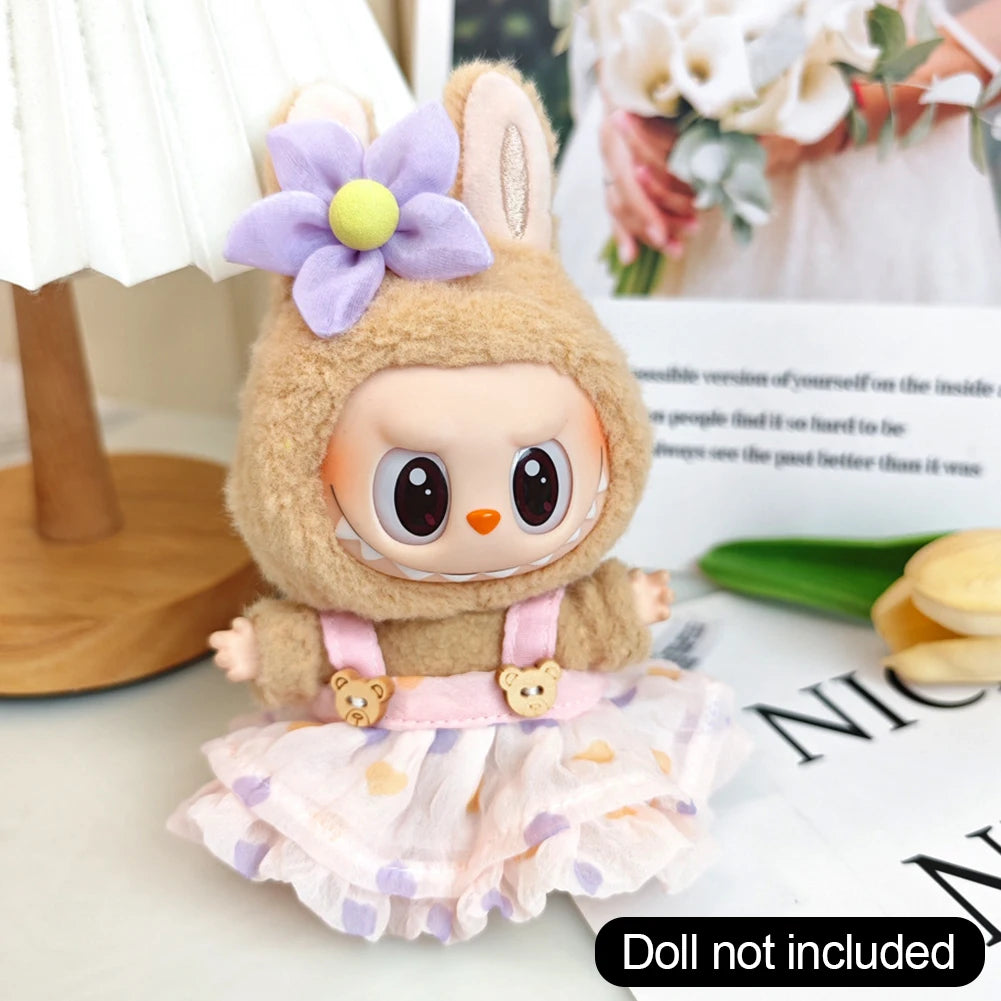 EZ Wrinkled Dress Knitted Straw Hat Vacation Style For 17cm Plush Doll Outfit Perfect Labubu Accessories Ropa Labubu
