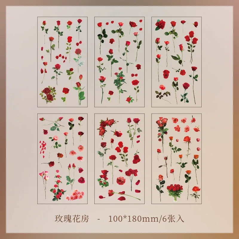 EZ JIANQI 6pcs/pack Transparent PET Stickers Scrapbooking Materials DIY Junk Journal Collage Floral Leaves Plants Decor Stickers