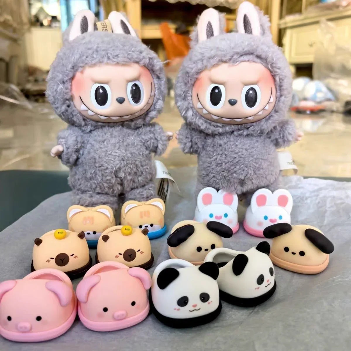 EZ Cartoon Rubber Slippers for Mini Labubu 17cm Vinyl Dolls Macaron Style