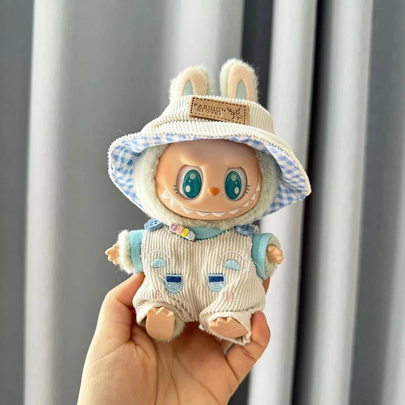EZ For 17cm labubu V1 V2 baby clothes bear overalls outfit plush vinyl face labubu doll pendant clothes