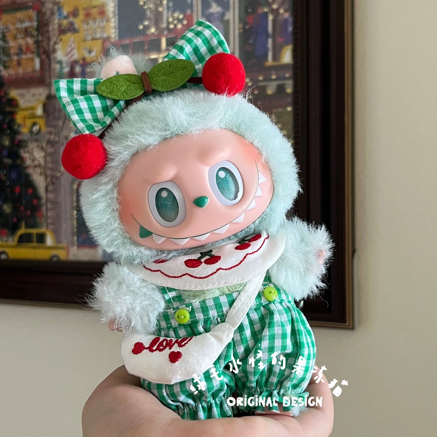 EZ Checkered Cherry Suit For 17cm Labubu 3.0 Big Into Energy Series Clothes Checked Jumpsuit Bow Tie Set Labubu Sweet Outfit