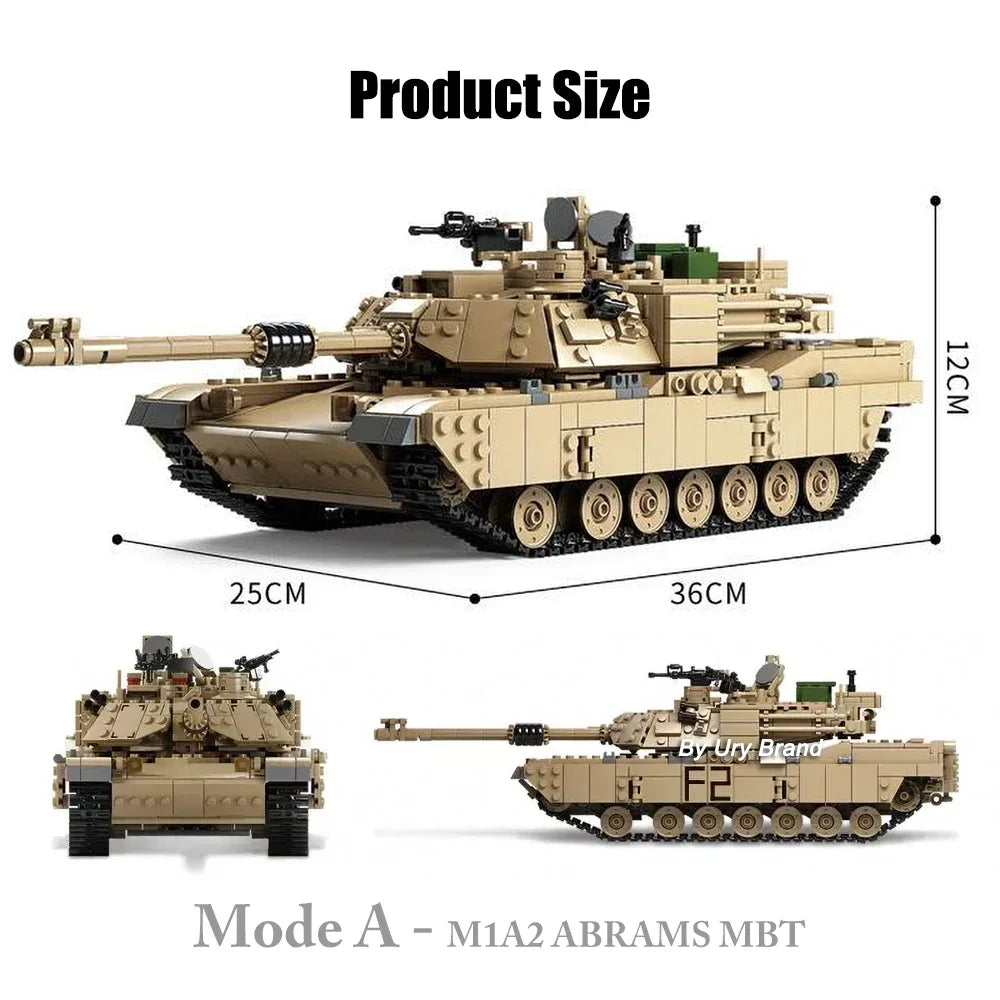 EZ 2in1 WW2 Military M1A2 Abrams MBT Tank Model Army Cannon Chariot Set Soldier Figures DIY Building Blocks Toys for Boys Kids Gift