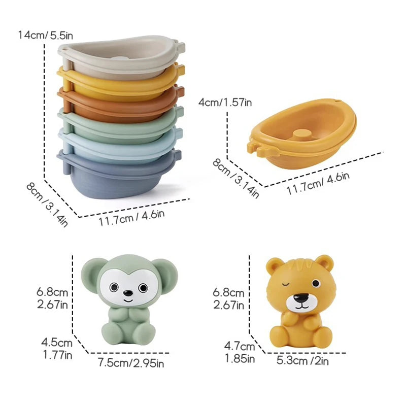 EZ Baby Bath Toys Stacking Bath Boat Toy Silicone Adorable Animal Finger Puppets for Children Interactive Floating Squeeze Toy Gift