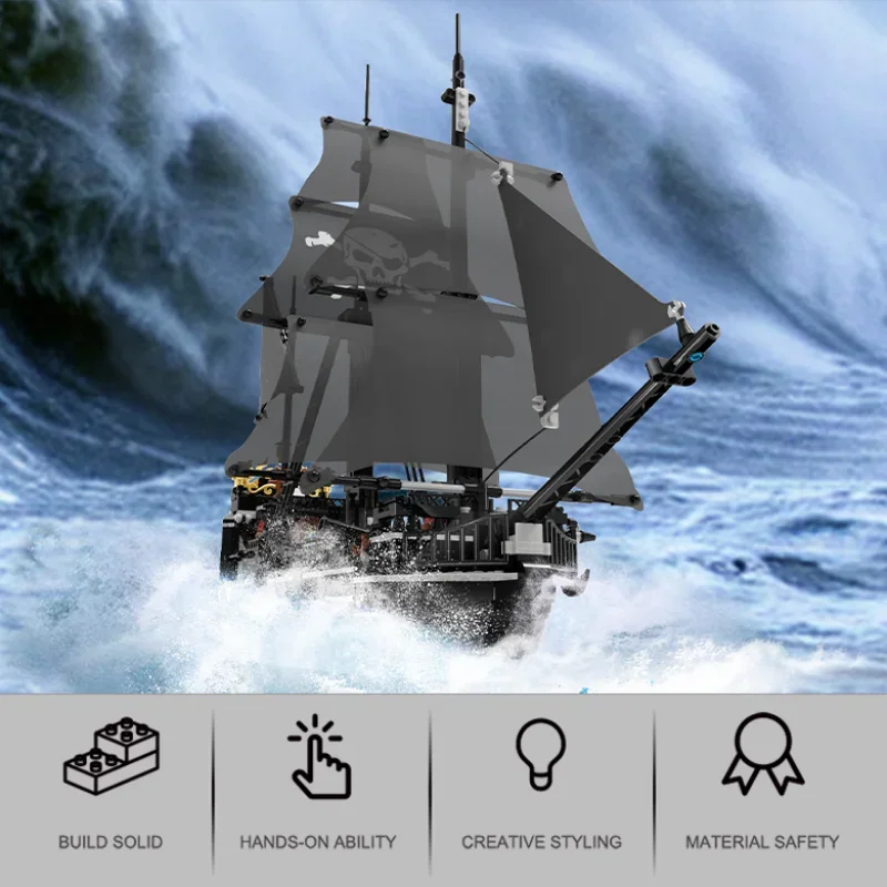 EZ Black Pirate Ship Building Blocks Skeleton Ghost Boat Model Assembly Bricks Toys Desktop Decoration Kid Birthday Boy Adult Gifts
