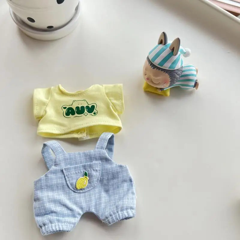 EZ 17cm Mini Plush Doll'S Clothes Outfit Accessories For Korea Kpop Exo Labubu Idol V1 V2 Casual plaid overalls Clothing Gift