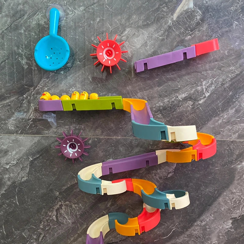 EZ Baby Bath Toys Wall Bathtub Toy Assembling Slide Wind-Up Duck Slide Bathroom Shower Tracks Water Toys for Toddlers Kids Gifts