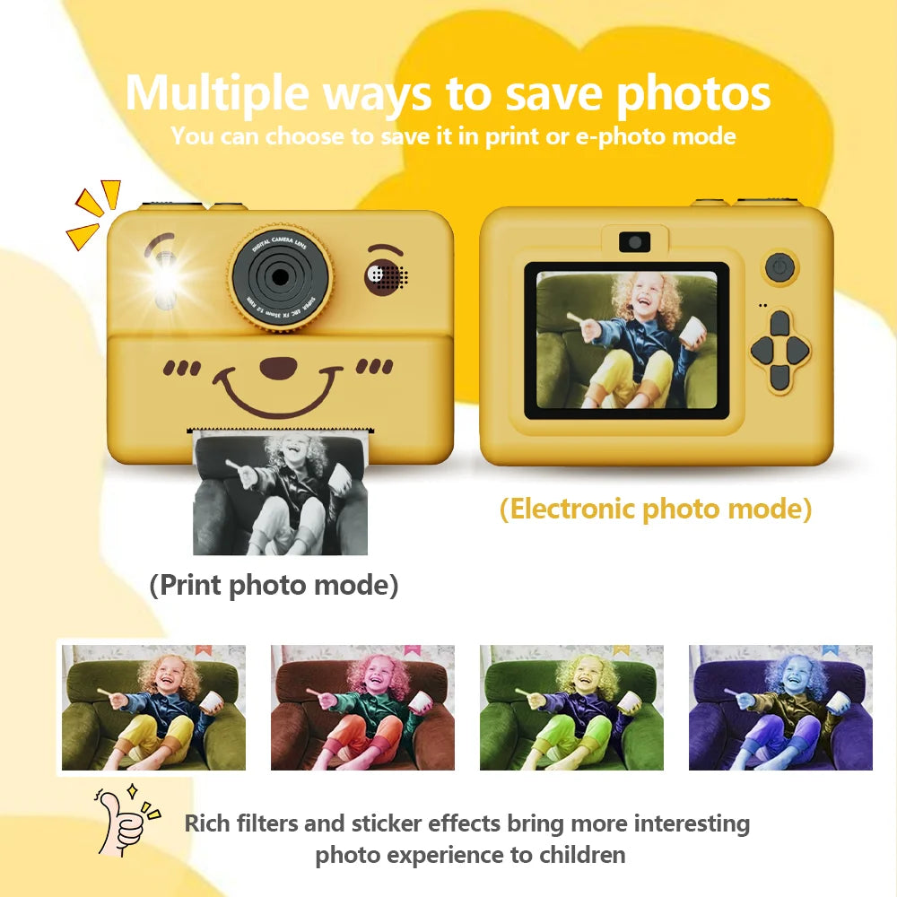 EZ kids instant camera with 3 rolls thermal paper photo&video&games 1080p HD screen 1500mAh lithium battery  gift for boys&girls