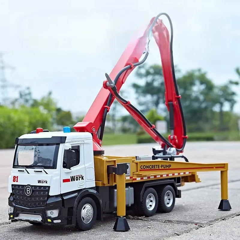 EZ 1:24 Electric Flatbed Trailer Cement Pump Truck Model Toys Diecast Alloy Car Doors Opened Sound Light Vehice Children's Boy Gift