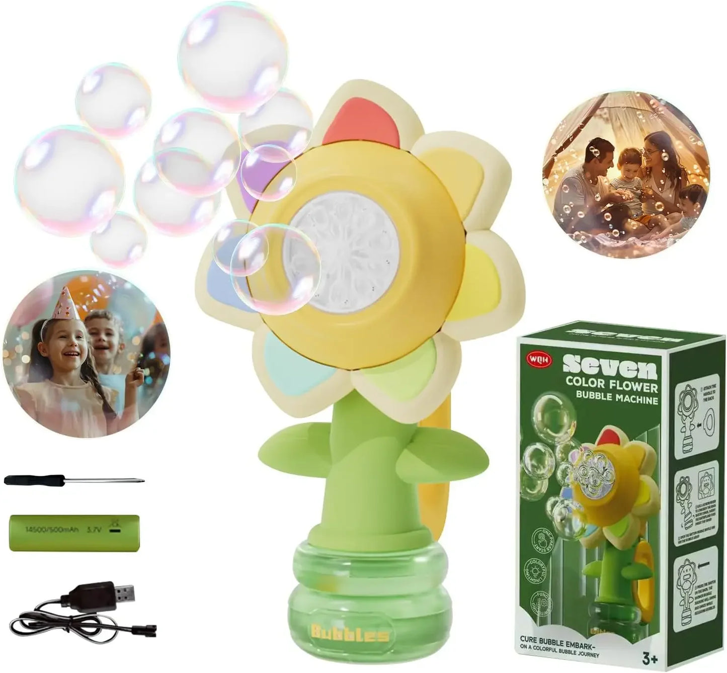 EZ 3-speed Adjustment Sunflower Bubble Machine Adjustment Automatic Portable Blowing Bubble Bath Toy Night Light Birthday Party