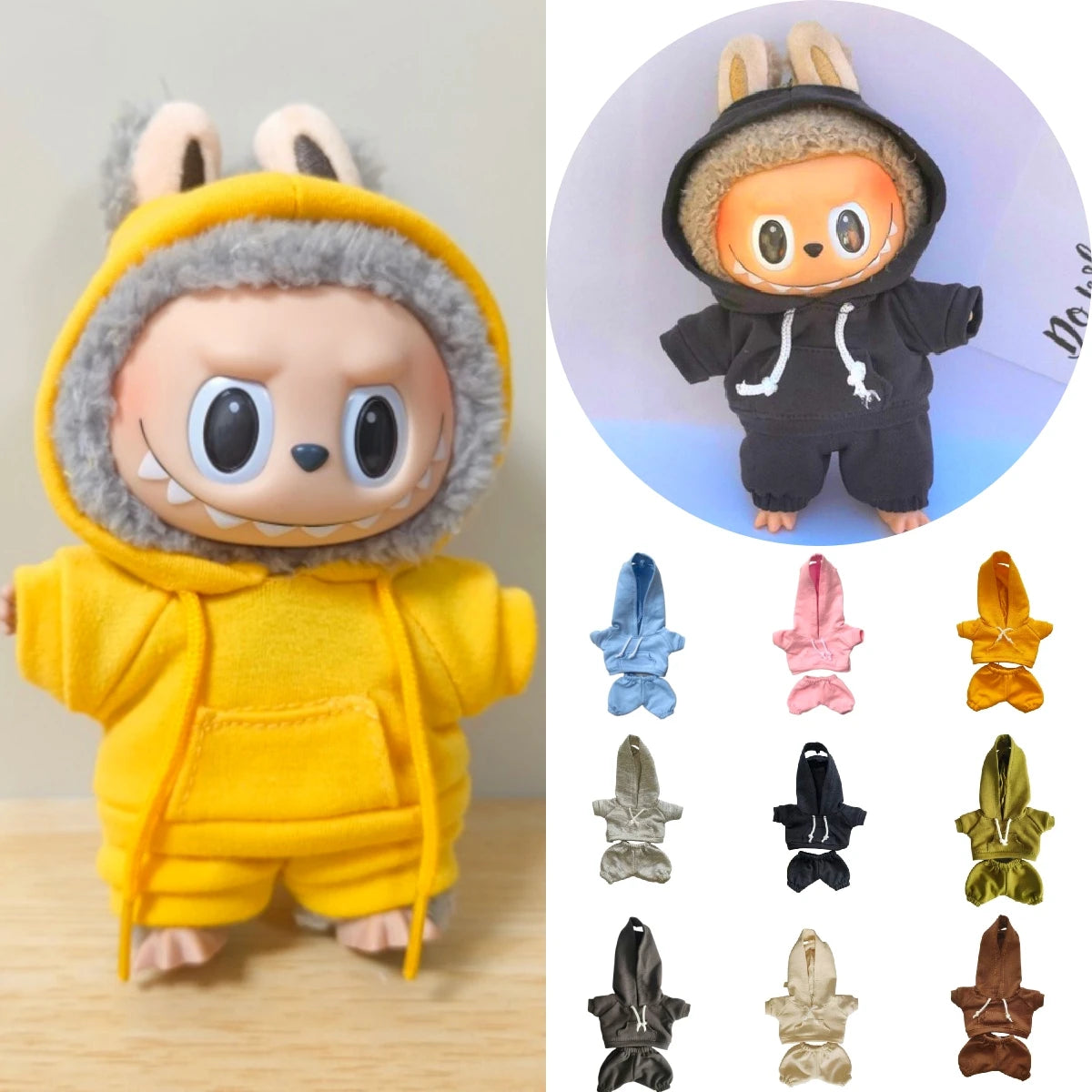 EZ 17cm Labubu Doll Black Hoodie Sweatshirt and Pants Set for Doll DIY Outfit Gift