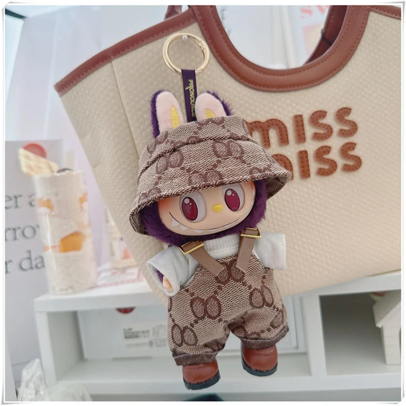 EZ For 17cm Labubu Mini Doll Clothes Outfit Four-leaf Flowers Hat Overalls Clothes Loafer Shoes Doll Accessories Sitting Party