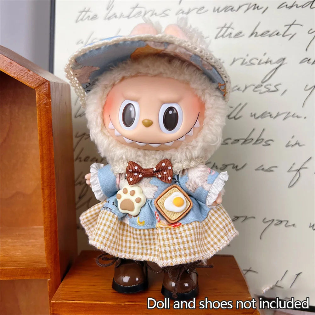 EZ For 17cm labubu V1 V2 baby clothes bear overalls outfit plush vinyl face labubu doll pendant clothes