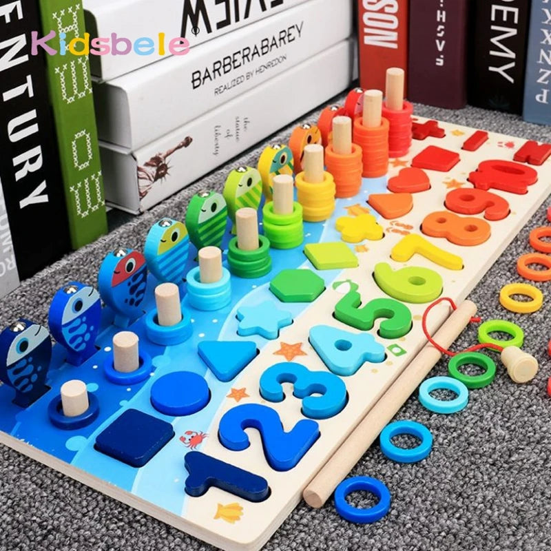 EZ Kids Montessori Math Toys For Toddlers Educational Wooden Puzzle Fishing Toys Count Number Shape Matching Sorter Games Board Toy